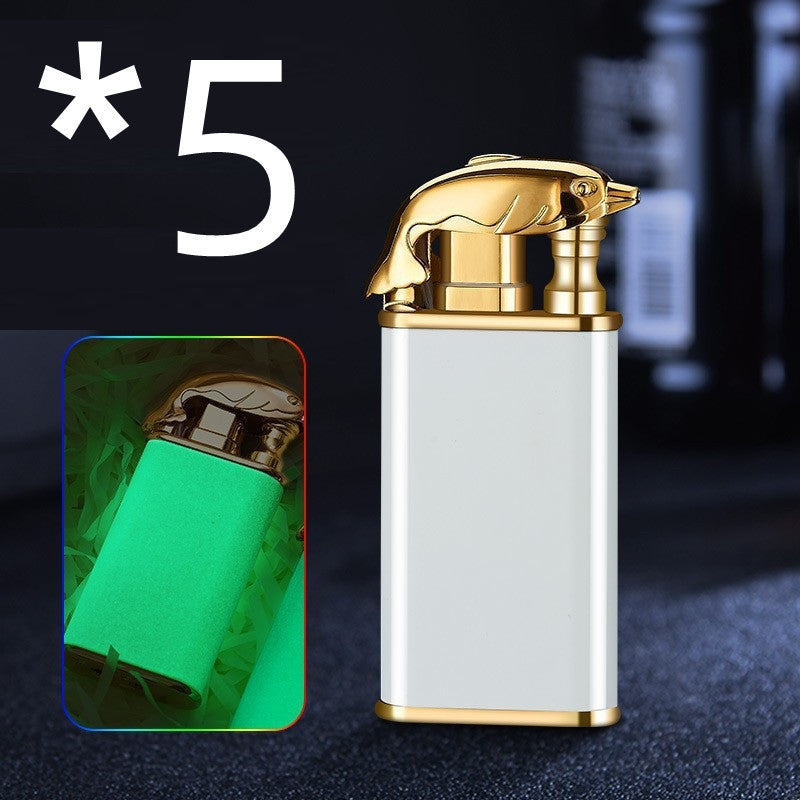 Creative Double Flame Metal Lighter – Refillable Windproof Blue Flame Torch with Dolphin, Dragon & Tiger Design