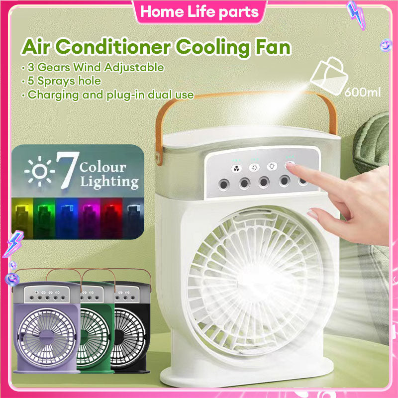 Portable USB Air Conditioner Fan – 5 Spray Mist Modes, 7-Color LED Light, 600ML Water Tank Air Cooler & Humidifier