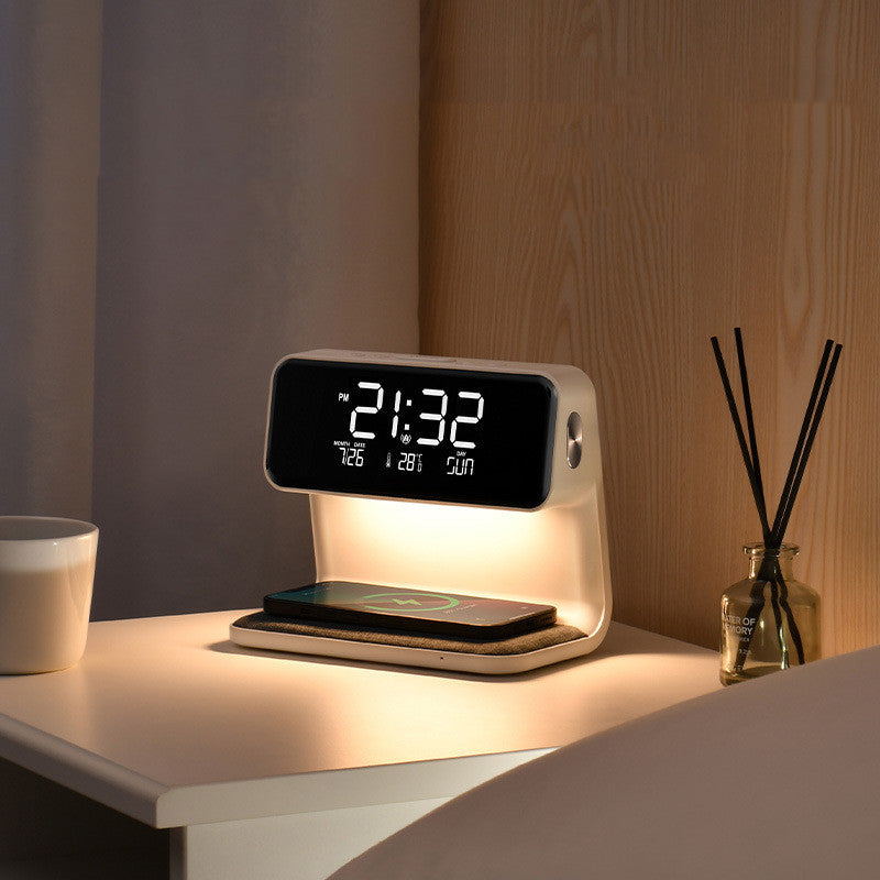 3-in-1 Bedside Lamp with Wireless Charging, LCD Alarm Clock & Phone Charger – Modern Multifunctional Nightstand Light