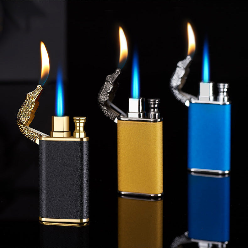 Creative Double Flame Metal Lighter – Refillable Windproof Blue Flame Torch with Dolphin, Dragon & Tiger Design