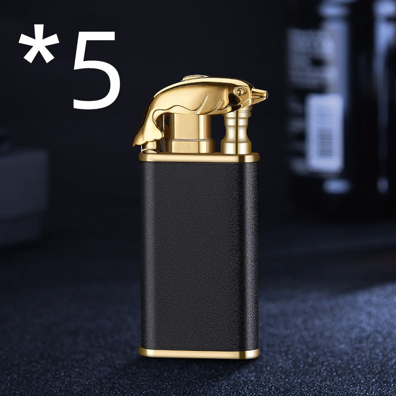 Creative Double Flame Metal Lighter – Refillable Windproof Blue Flame Torch with Dolphin, Dragon & Tiger Design