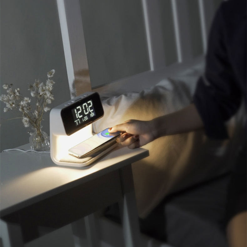 3-in-1 Bedside Lamp with Wireless Charging, LCD Alarm Clock & Phone Charger – Modern Multifunctional Nightstand Light