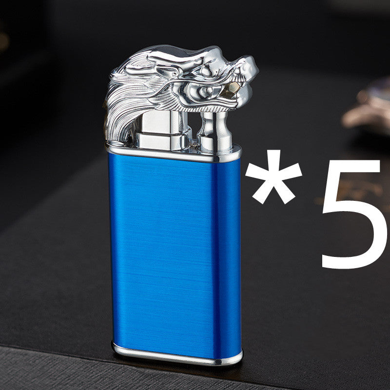 Creative Double Flame Metal Lighter – Refillable Windproof Blue Flame Torch with Dolphin, Dragon & Tiger Design