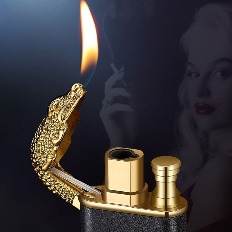 Creative Double Flame Metal Lighter – Refillable Windproof Blue Flame Torch with Dolphin, Dragon & Tiger Design