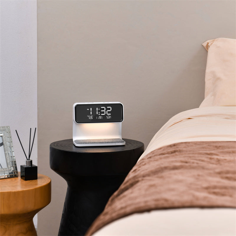 3-in-1 Bedside Lamp with Wireless Charging, LCD Alarm Clock & Phone Charger – Modern Multifunctional Nightstand Light