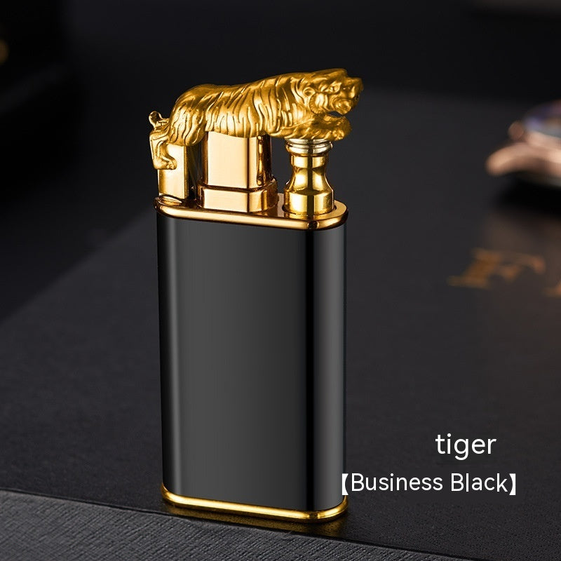 Creative Double Flame Metal Lighter – Refillable Windproof Blue Flame Torch with Dolphin, Dragon & Tiger Design