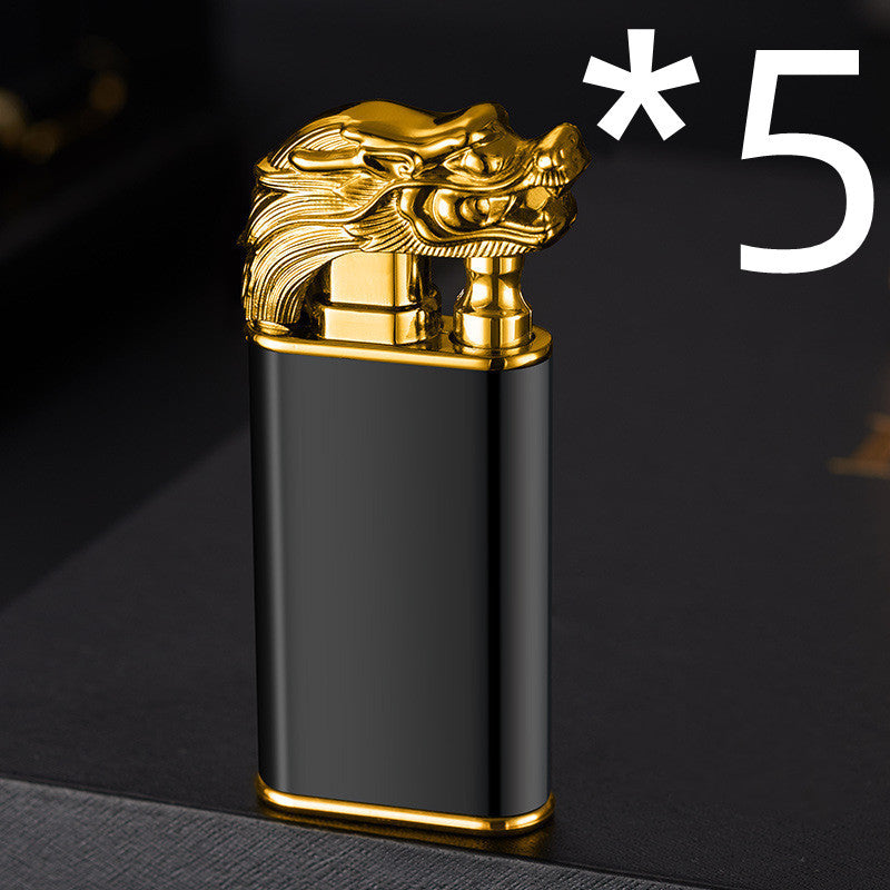 Creative Double Flame Metal Lighter – Refillable Windproof Blue Flame Torch with Dolphin, Dragon & Tiger Design