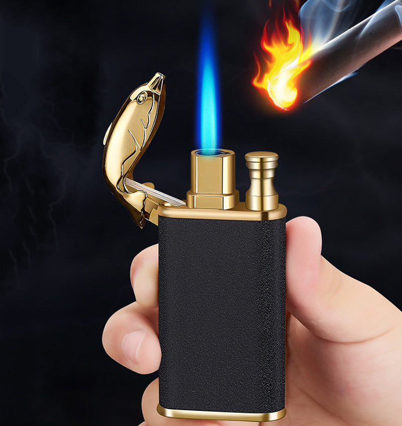 Creative Double Flame Metal Lighter – Refillable Windproof Blue Flame Torch with Dolphin, Dragon & Tiger Design