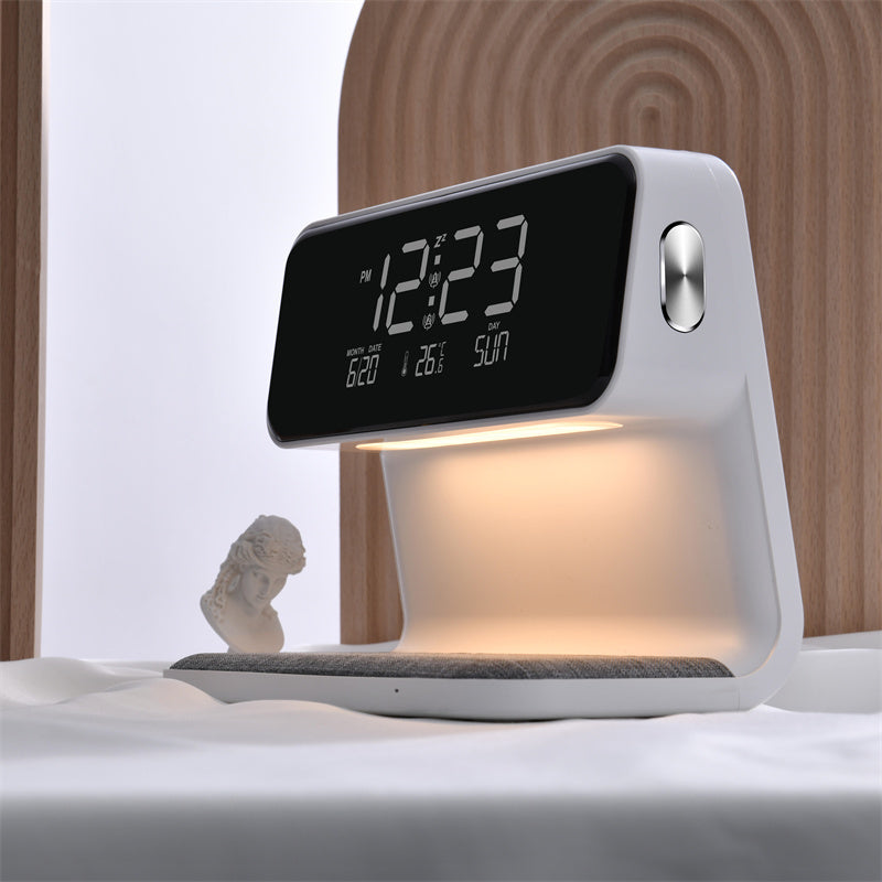 3-in-1 Bedside Lamp with Wireless Charging, LCD Alarm Clock & Phone Charger – Modern Multifunctional Nightstand Light