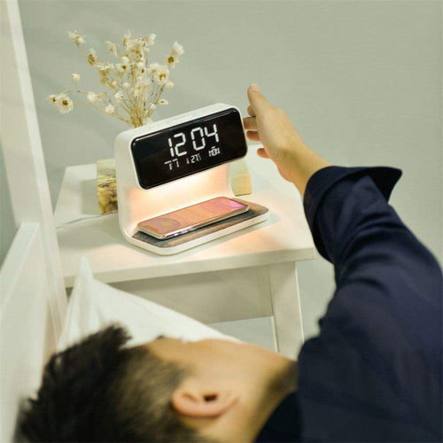 3-in-1 Bedside Lamp with Wireless Charging, LCD Alarm Clock & Phone Charger – Modern Multifunctional Nightstand Light