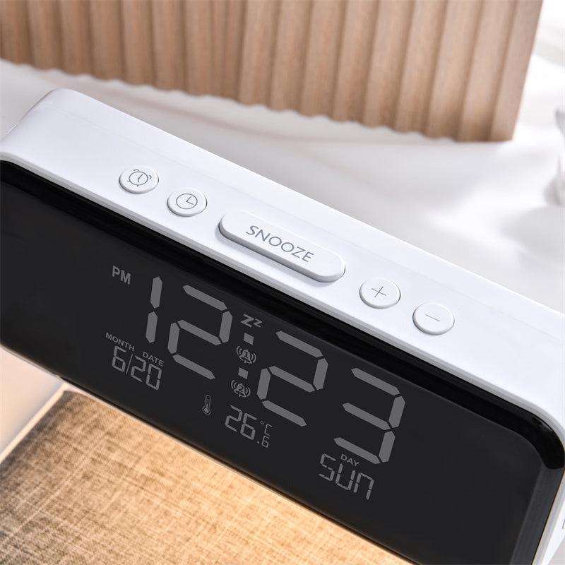 3-in-1 Bedside Lamp with Wireless Charging, LCD Alarm Clock & Phone Charger – Modern Multifunctional Nightstand Light