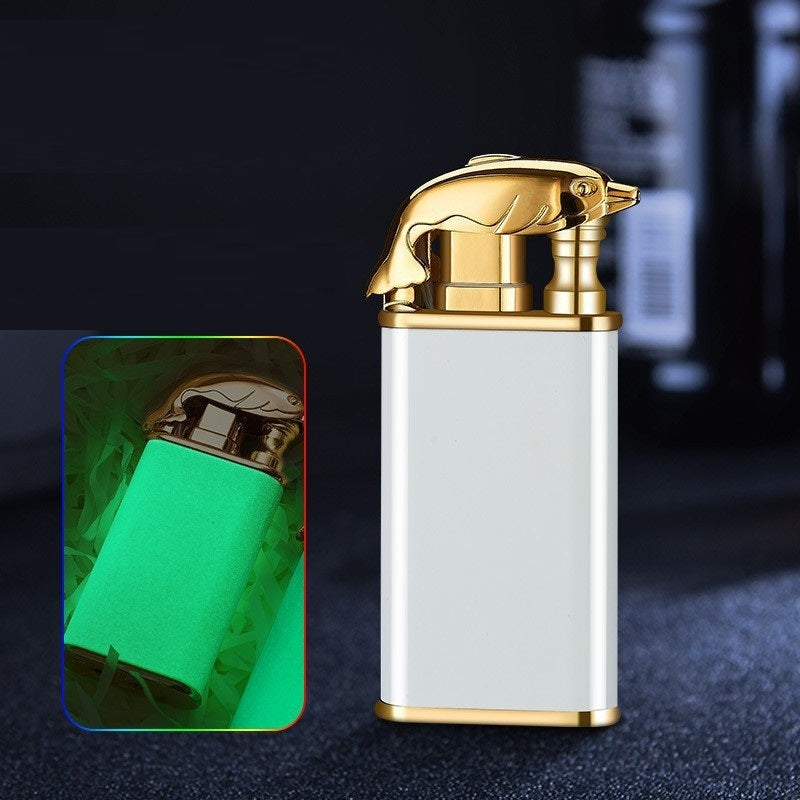 Creative Double Flame Metal Lighter – Refillable Windproof Blue Flame Torch with Dolphin, Dragon & Tiger Design