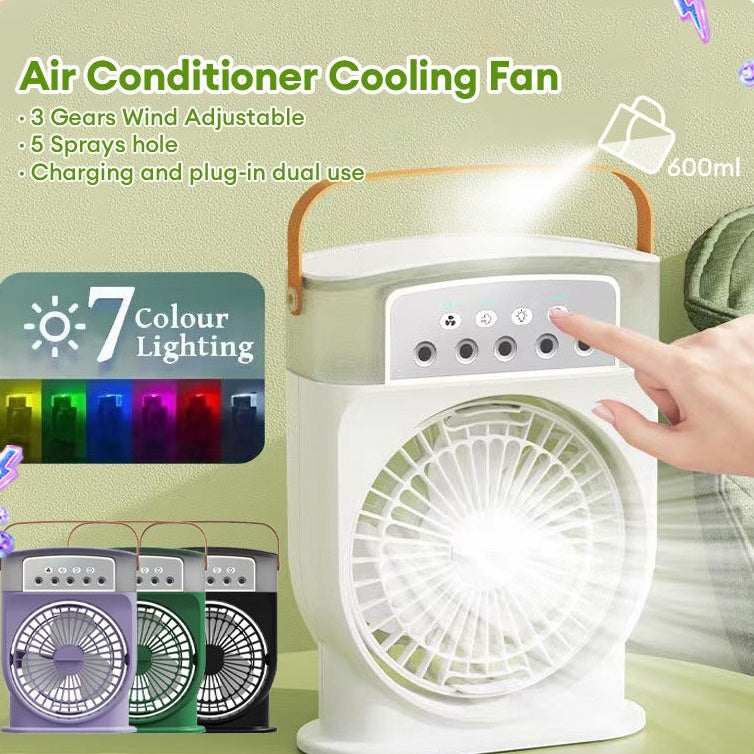 Portable USB Air Conditioner Fan – 5 Spray Mist Modes, 7-Color LED Light, 600ML Water Tank Air Cooler & Humidifier