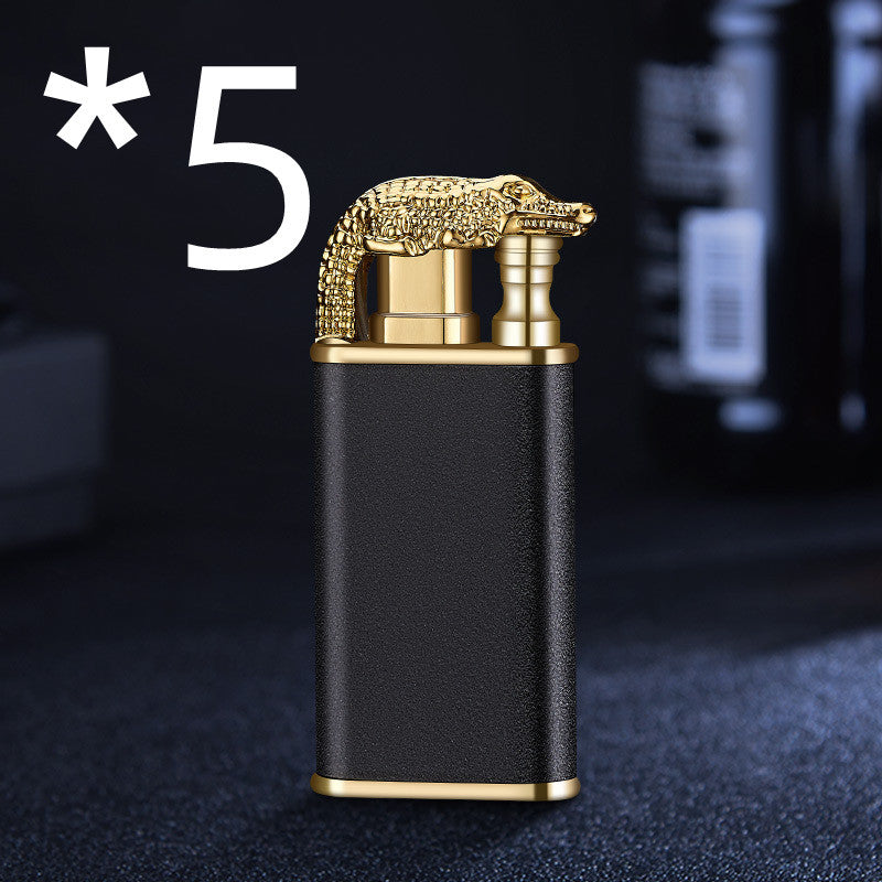 Creative Double Flame Metal Lighter – Refillable Windproof Blue Flame Torch with Dolphin, Dragon & Tiger Design