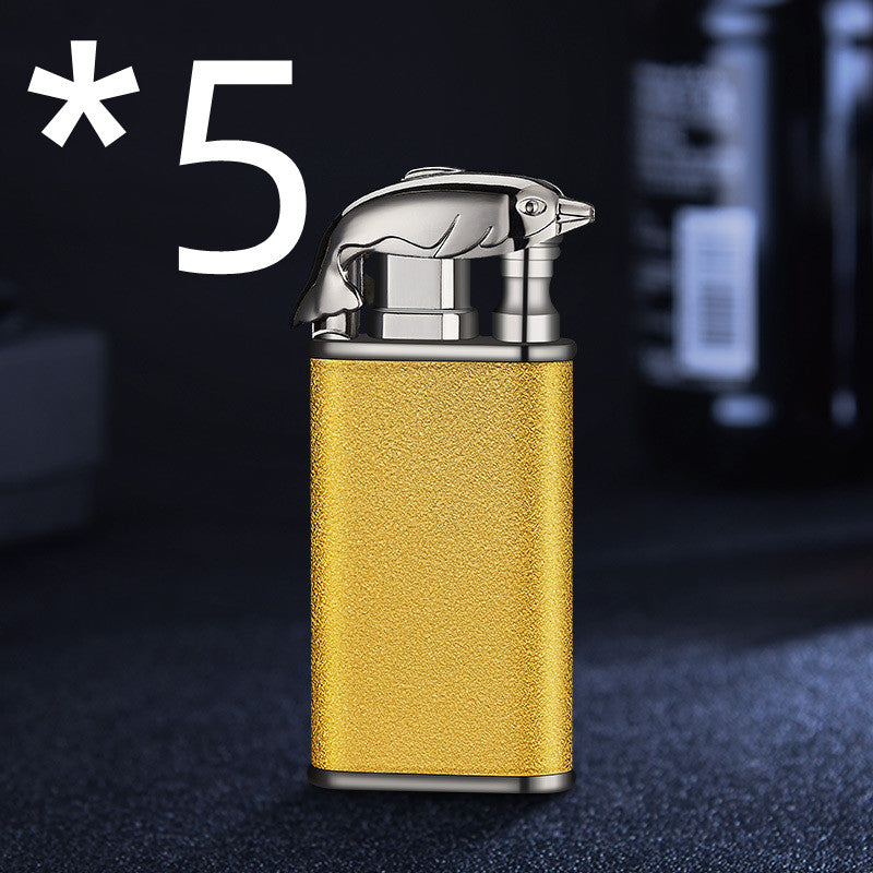 Creative Double Flame Metal Lighter – Refillable Windproof Blue Flame Torch with Dolphin, Dragon & Tiger Design