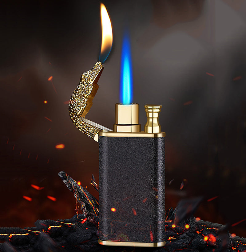 Creative Double Flame Metal Lighter – Refillable Windproof Blue Flame Torch with Dolphin, Dragon & Tiger Design