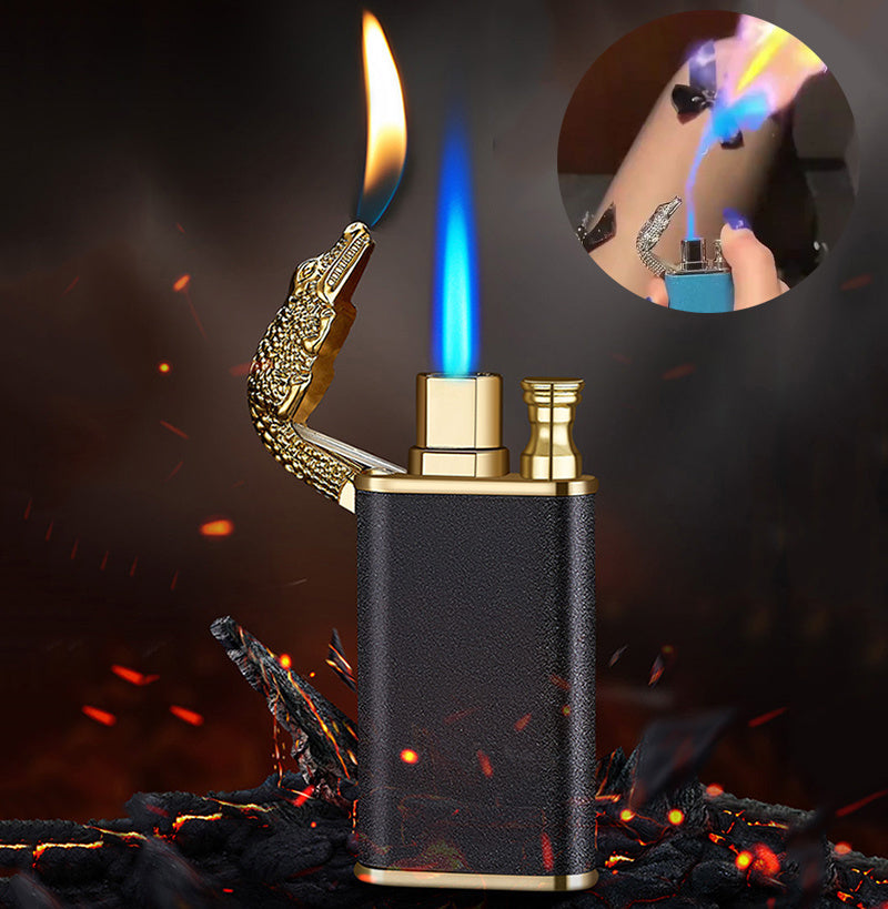 Creative Double Flame Metal Lighter – Refillable Windproof Blue Flame Torch with Dolphin, Dragon & Tiger Design