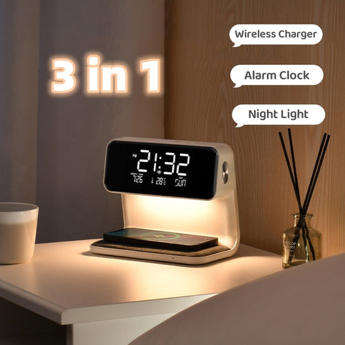 3-in-1 Bedside Lamp with Wireless Charging, LCD Alarm Clock & Phone Charger – Modern Multifunctional Nightstand Light