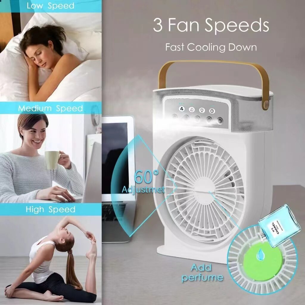Portable USB Air Conditioner Fan – 5 Spray Mist Modes, 7-Color LED Light, 600ML Water Tank Air Cooler & Humidifier