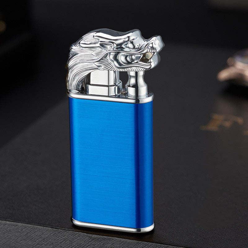 Creative Double Flame Metal Lighter – Refillable Windproof Blue Flame Torch with Dolphin, Dragon & Tiger Design