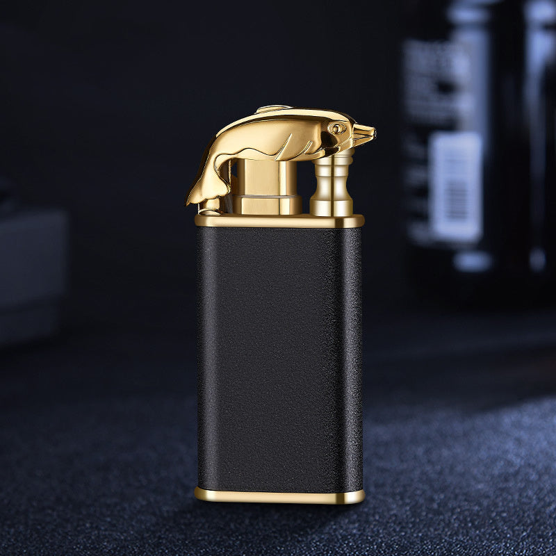 Creative Double Flame Metal Lighter – Refillable Windproof Blue Flame Torch with Dolphin, Dragon & Tiger Design