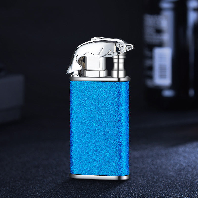 Creative Double Flame Metal Lighter – Refillable Windproof Blue Flame Torch with Dolphin, Dragon & Tiger Design