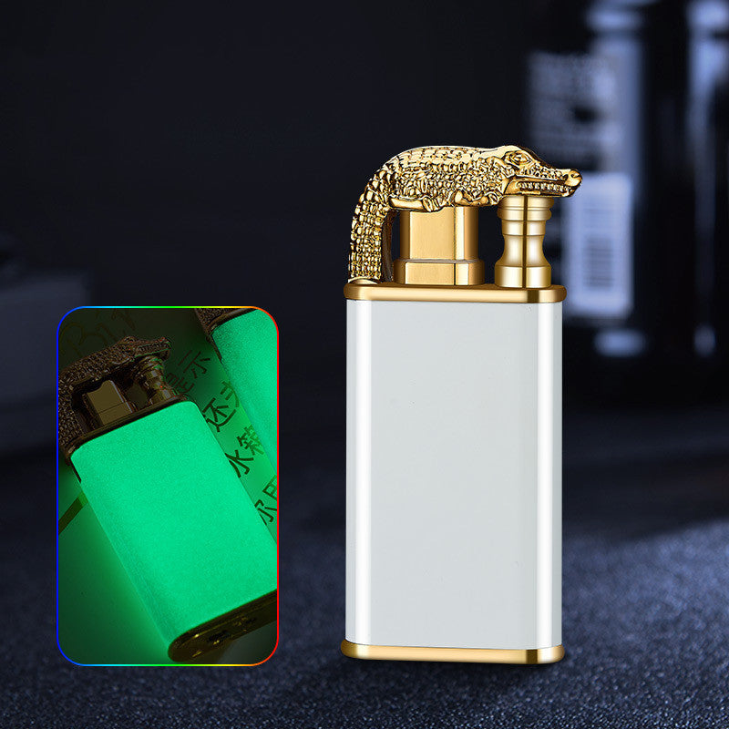 Creative Double Flame Metal Lighter – Refillable Windproof Blue Flame Torch with Dolphin, Dragon & Tiger Design