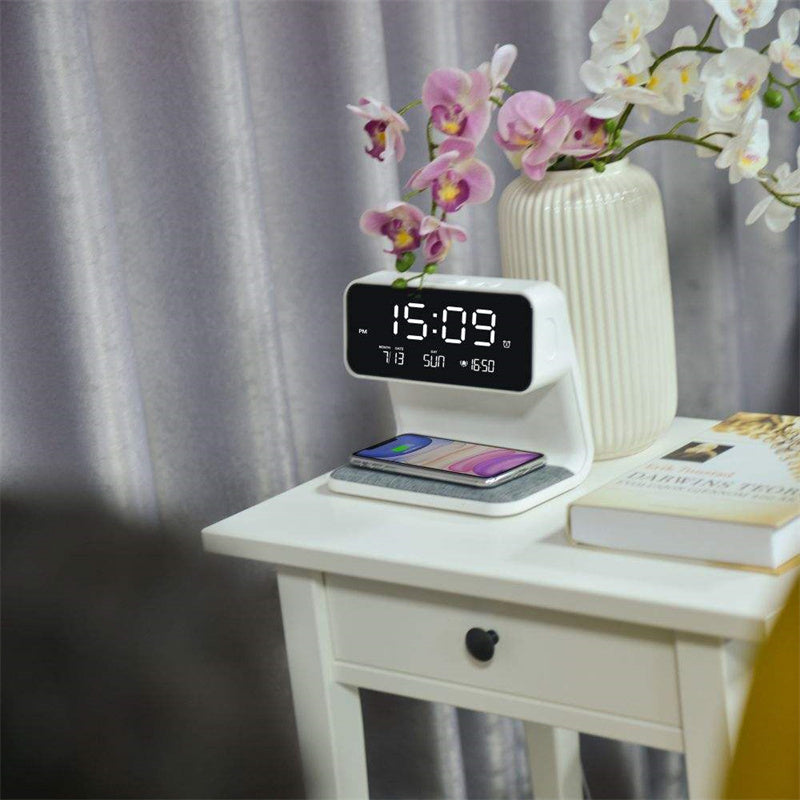 3-in-1 Bedside Lamp with Wireless Charging, LCD Alarm Clock & Phone Charger – Modern Multifunctional Nightstand Light