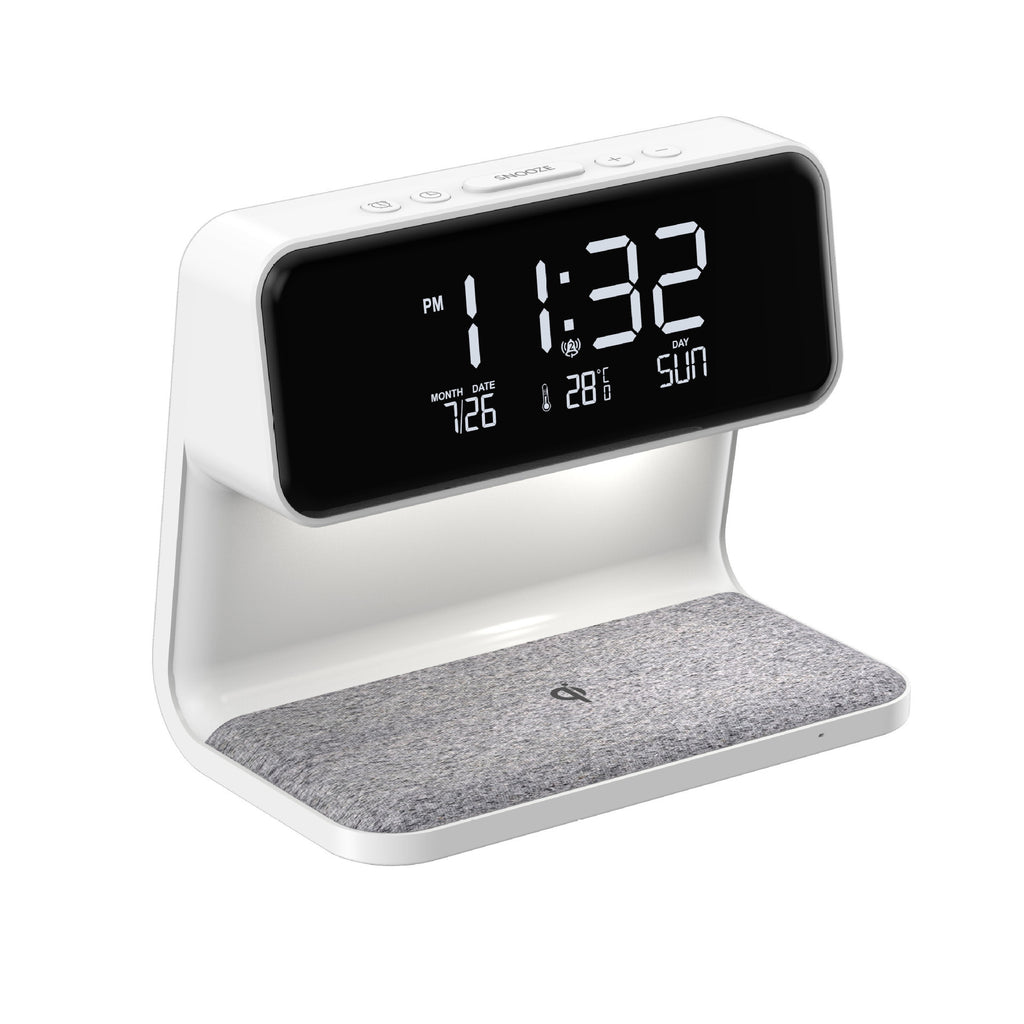 3-in-1 Bedside Lamp with Wireless Charging, LCD Alarm Clock & Phone Charger – Modern Multifunctional Nightstand Light