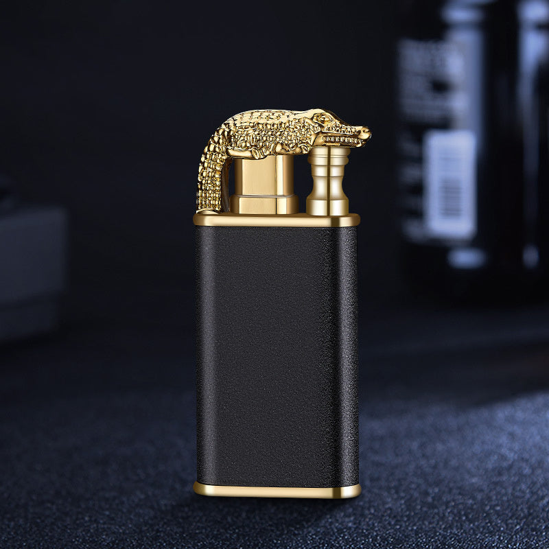 Creative Double Flame Metal Lighter – Refillable Windproof Blue Flame Torch with Dolphin, Dragon & Tiger Design