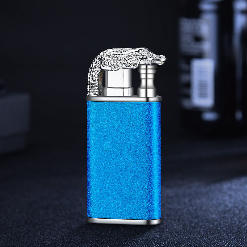 Creative Double Flame Metal Lighter – Refillable Windproof Blue Flame Torch with Dolphin, Dragon & Tiger Design