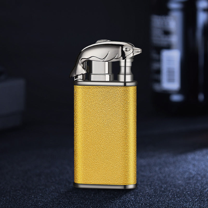 Creative Double Flame Metal Lighter – Refillable Windproof Blue Flame Torch with Dolphin, Dragon & Tiger Design