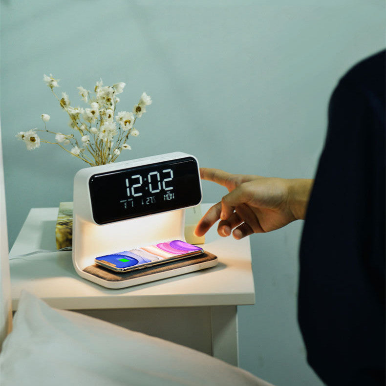 3-in-1 Bedside Lamp with Wireless Charging, LCD Alarm Clock & Phone Charger – Modern Multifunctional Nightstand Light