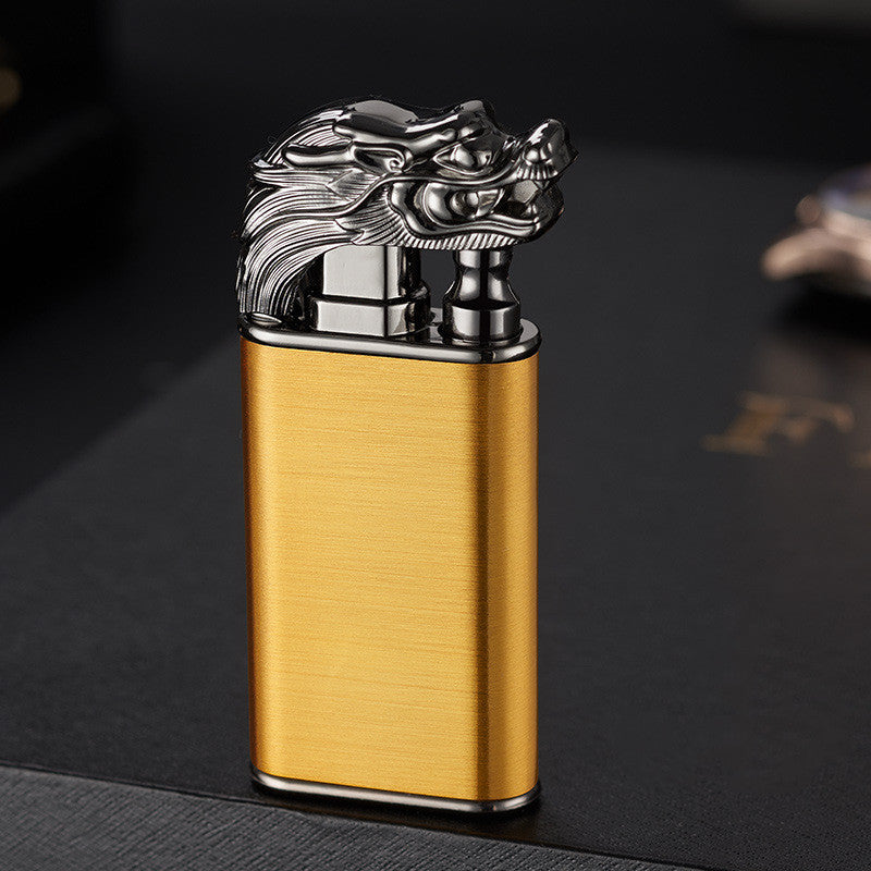 Creative Double Flame Metal Lighter – Refillable Windproof Blue Flame Torch with Dolphin, Dragon & Tiger Design