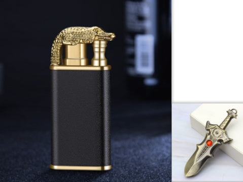 Creative Double Flame Metal Lighter – Refillable Windproof Blue Flame Torch with Dolphin, Dragon & Tiger Design