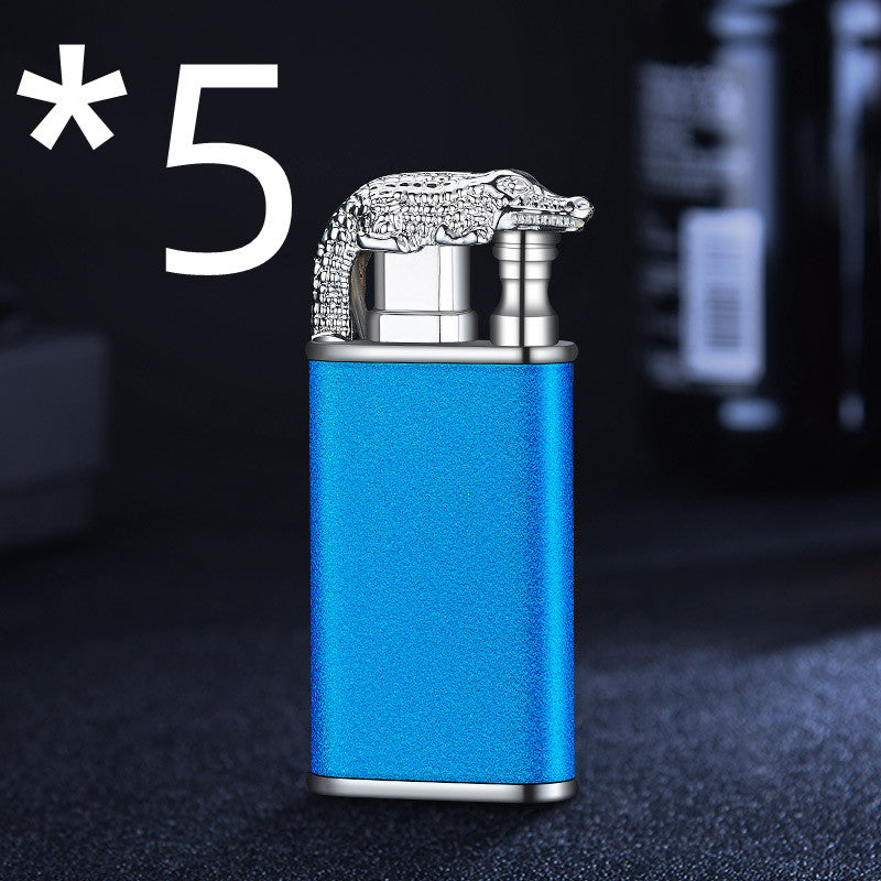 Creative Double Flame Metal Lighter – Refillable Windproof Blue Flame Torch with Dolphin, Dragon & Tiger Design