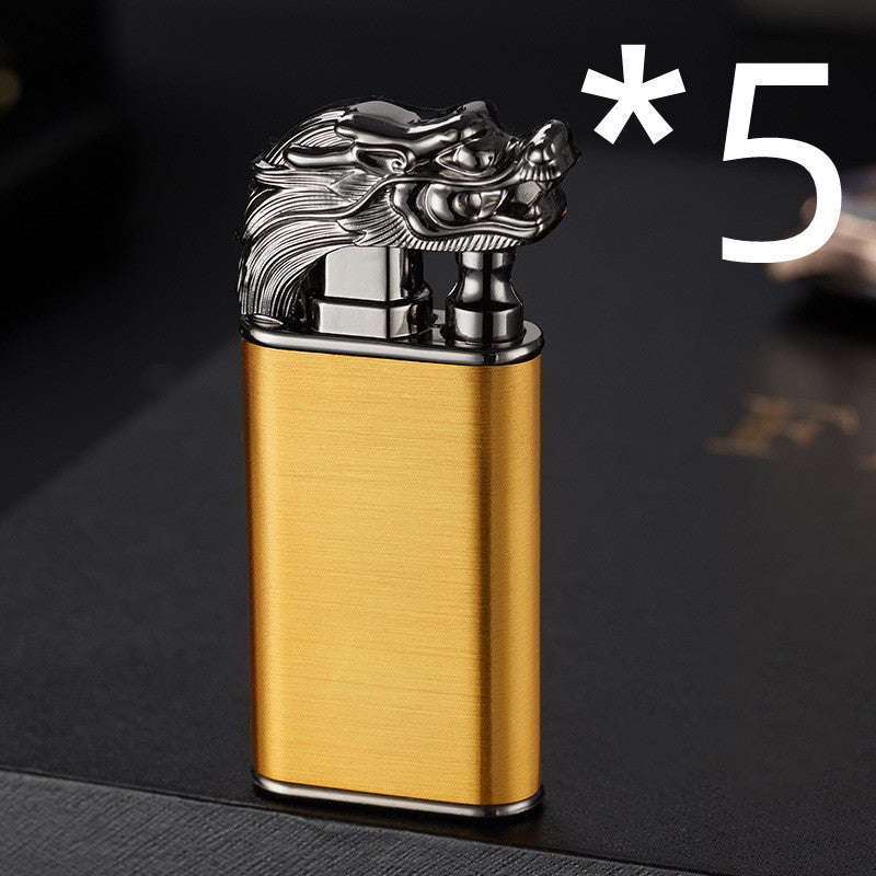 Creative Double Flame Metal Lighter – Refillable Windproof Blue Flame Torch with Dolphin, Dragon & Tiger Design