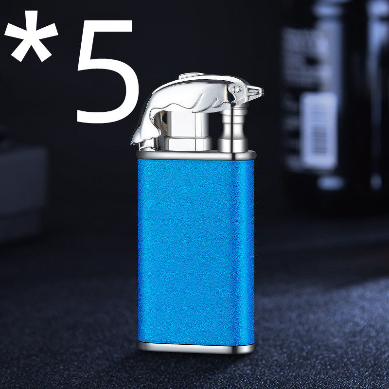 Creative Double Flame Metal Lighter – Refillable Windproof Blue Flame Torch with Dolphin, Dragon & Tiger Design